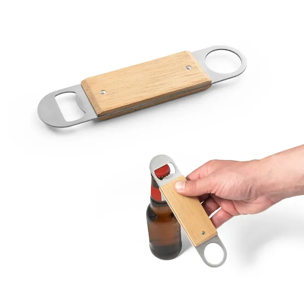 RD 94361-Abridor de garrafas personalizado duplo em aço inox com corpo em bambu