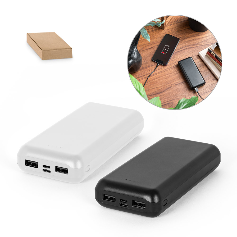 Bateria personalizada portátil em ABS reciclado e capacidade de 20'000 mAh
