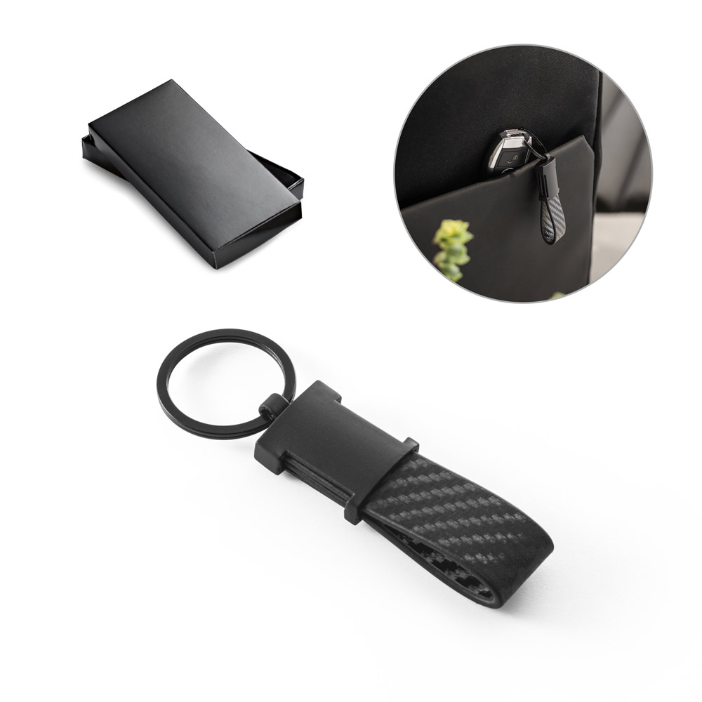 RD 95086-Chaveiro personalizado em couro sintético carbono e metal