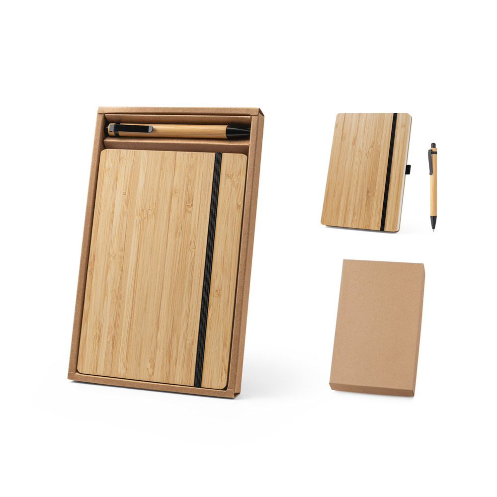  Conjunto de caderno 21 x 14  e caneta acabamento em bambu.